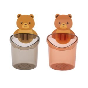 2-Pack Teddy Bear Toothbrush Holder Set | Self-Adhesive Wall Mounted Bathroom Organizer with Drain Cup | Waterproof Kids Toothbrush & Toothpaste Holder (Multicolor)