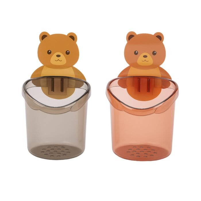 2-Pack Teddy Bear Toothbrush Holder Set | Self-Adhesive Wall Mounted Bathroom Organizer with Drain Cup | Waterproof Kids Toothbrush & Toothpaste Holder (Multicolor)